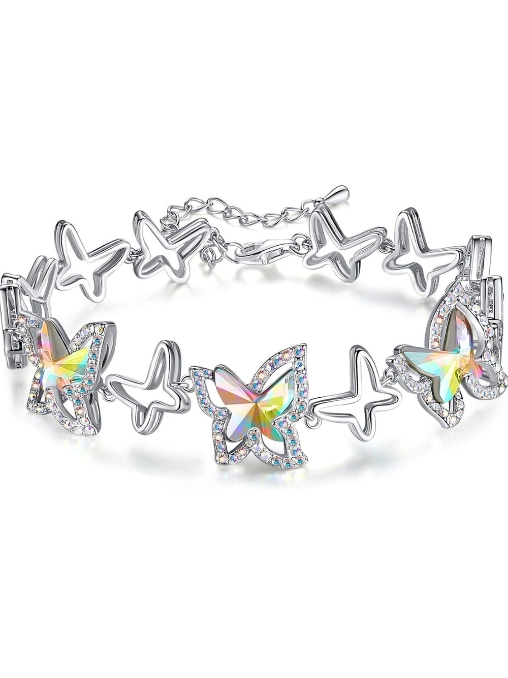 Crystal Butterfly Silver Bracelet - Aurora Borealis Accents